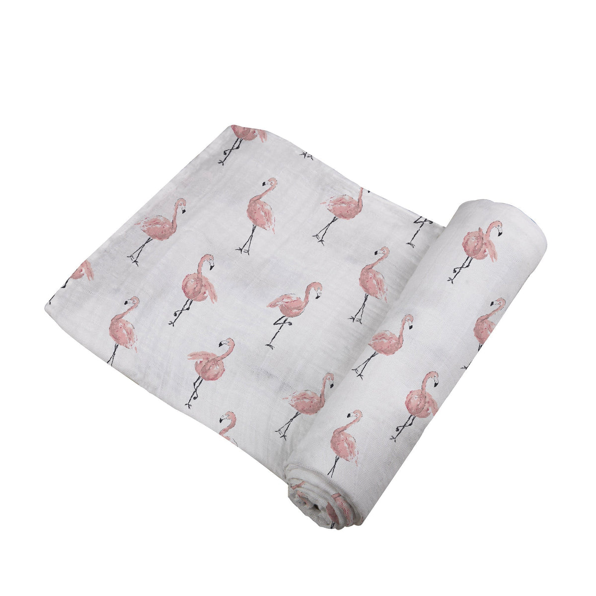 Baby wrapped in a white Newcastle Classics muslin swaddle with a vibrant dancing flamingo pattern.