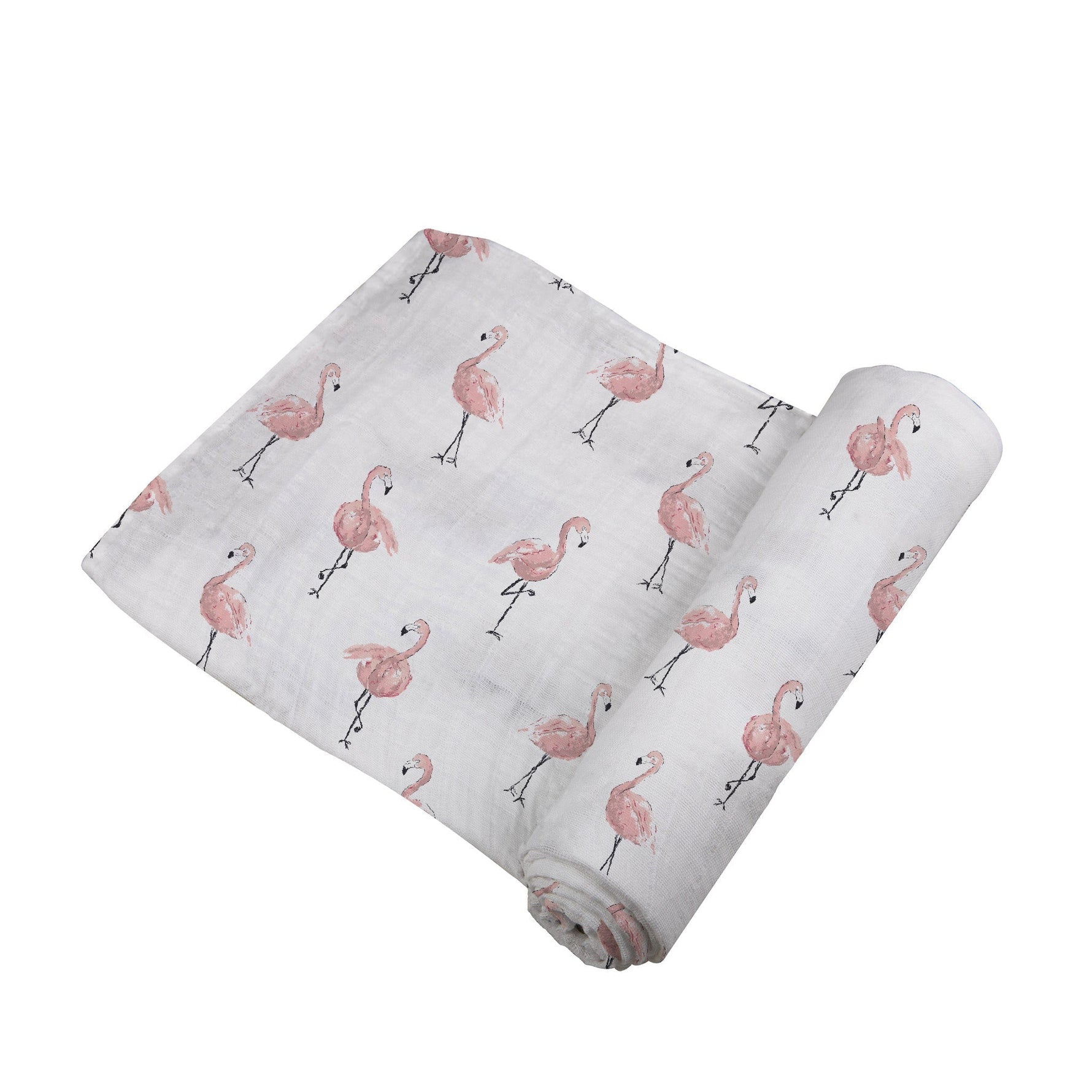 Baby wrapped in a white Newcastle Classics muslin swaddle with a vibrant dancing flamingo pattern.