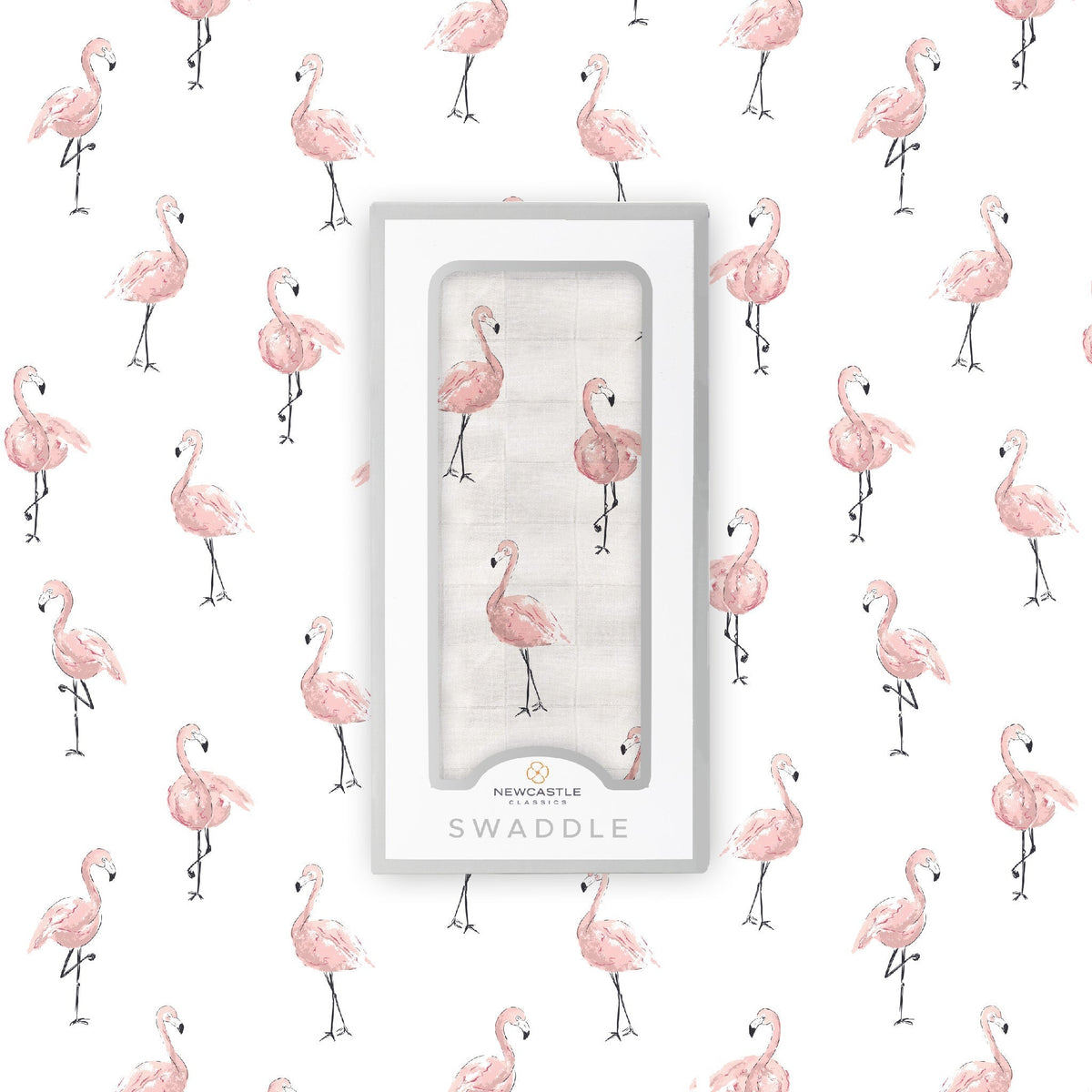 Baby wrapped in a white Newcastle Classics muslin swaddle with a vibrant dancing flamingo pattern.