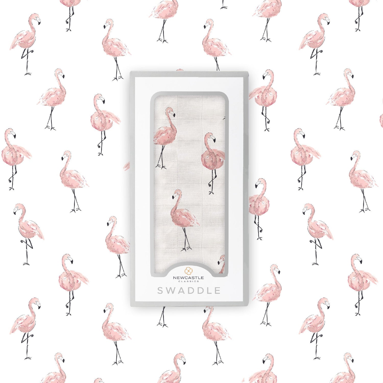 Baby wrapped in a white Newcastle Classics muslin swaddle with a vibrant dancing flamingo pattern.
