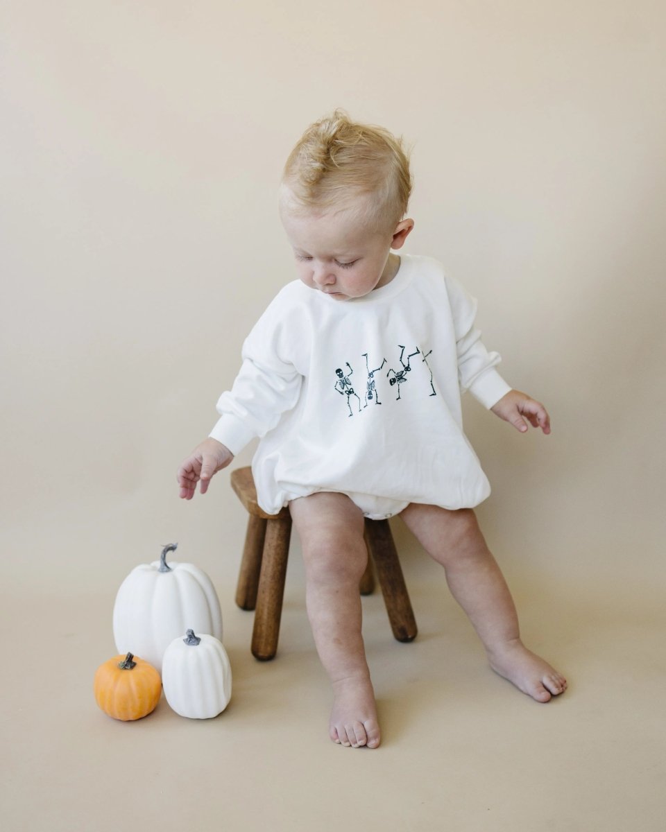 Little Joy Co. Dancing Skeletons Graphic Oversized Sweatshirt Romper White - Everetts Place Boutique - 