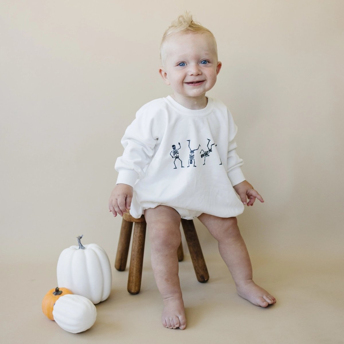 Little Joy Co. Dancing Skeletons Graphic Oversized Sweatshirt Romper White - Everetts Place Boutique - 