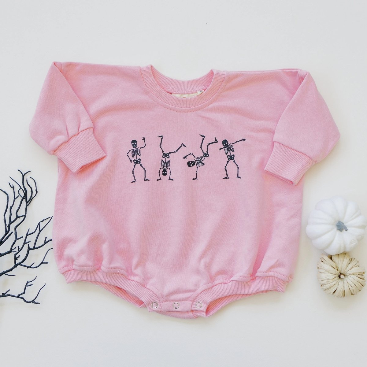 Little Joy Co. Dancing Skeletons Graphic Sweatshirt Romper Pink Cozy - Everetts Place Boutique - 