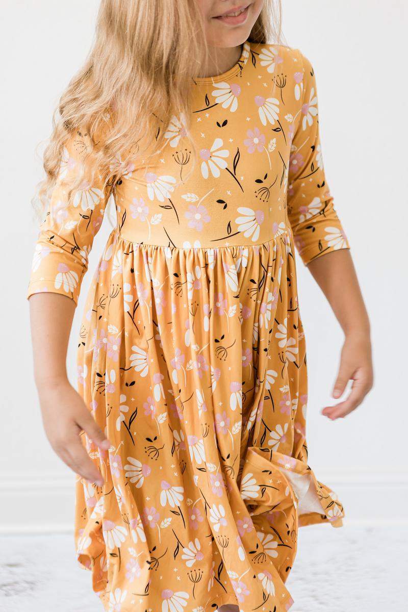 Mila & Rose ® Dandelions in Fall Three Quarter Sleeve Twirl Pocket Dress - 