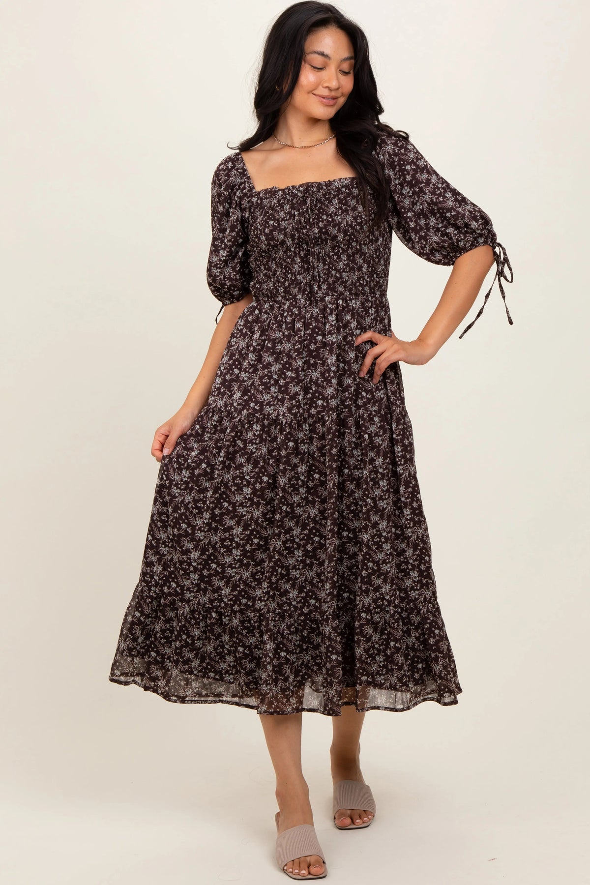 PinkBlush Dark Brown Floral Smocked Sleeve Tie Maternity Midi Dress - 