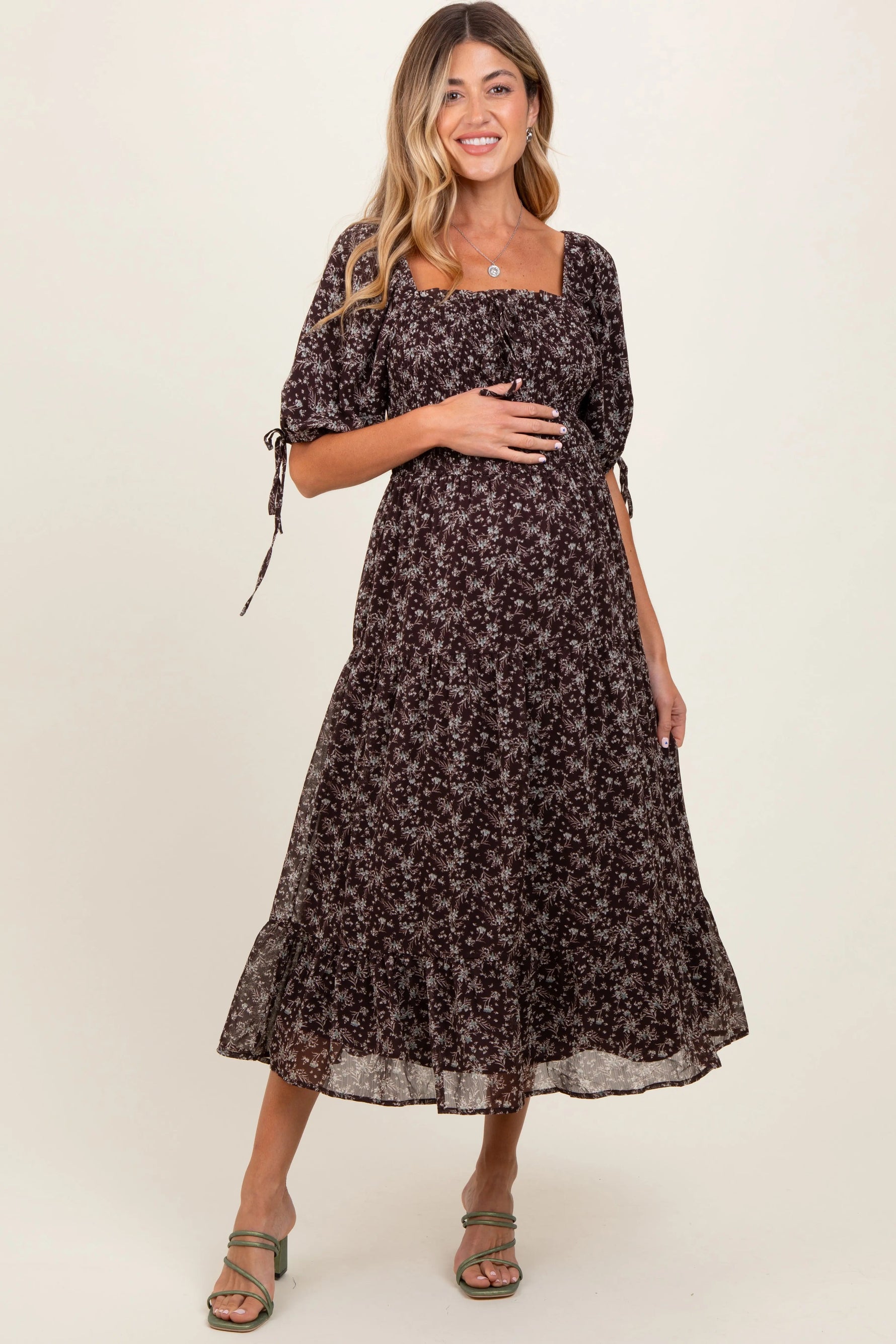 PinkBlush Dark Brown Floral Smocked Sleeve Tie Maternity Midi Dress - 