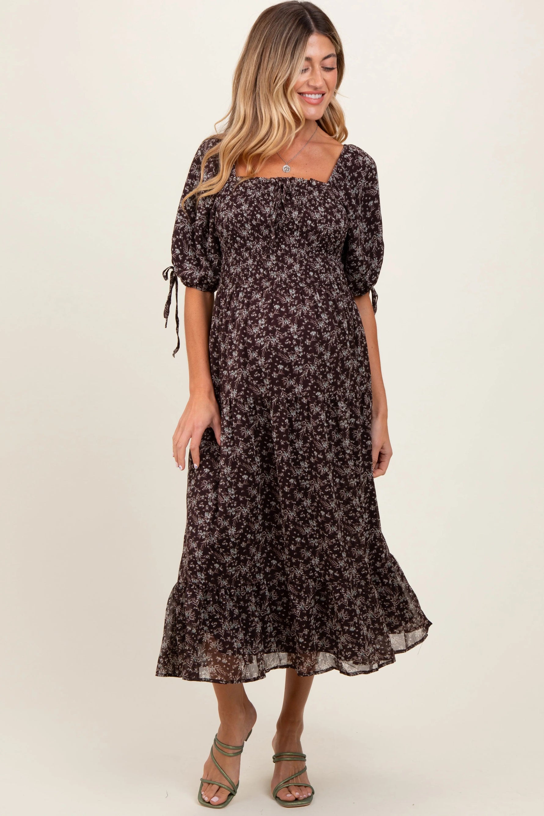 PinkBlush Dark Brown Floral Smocked Sleeve Tie Maternity Midi Dress - 