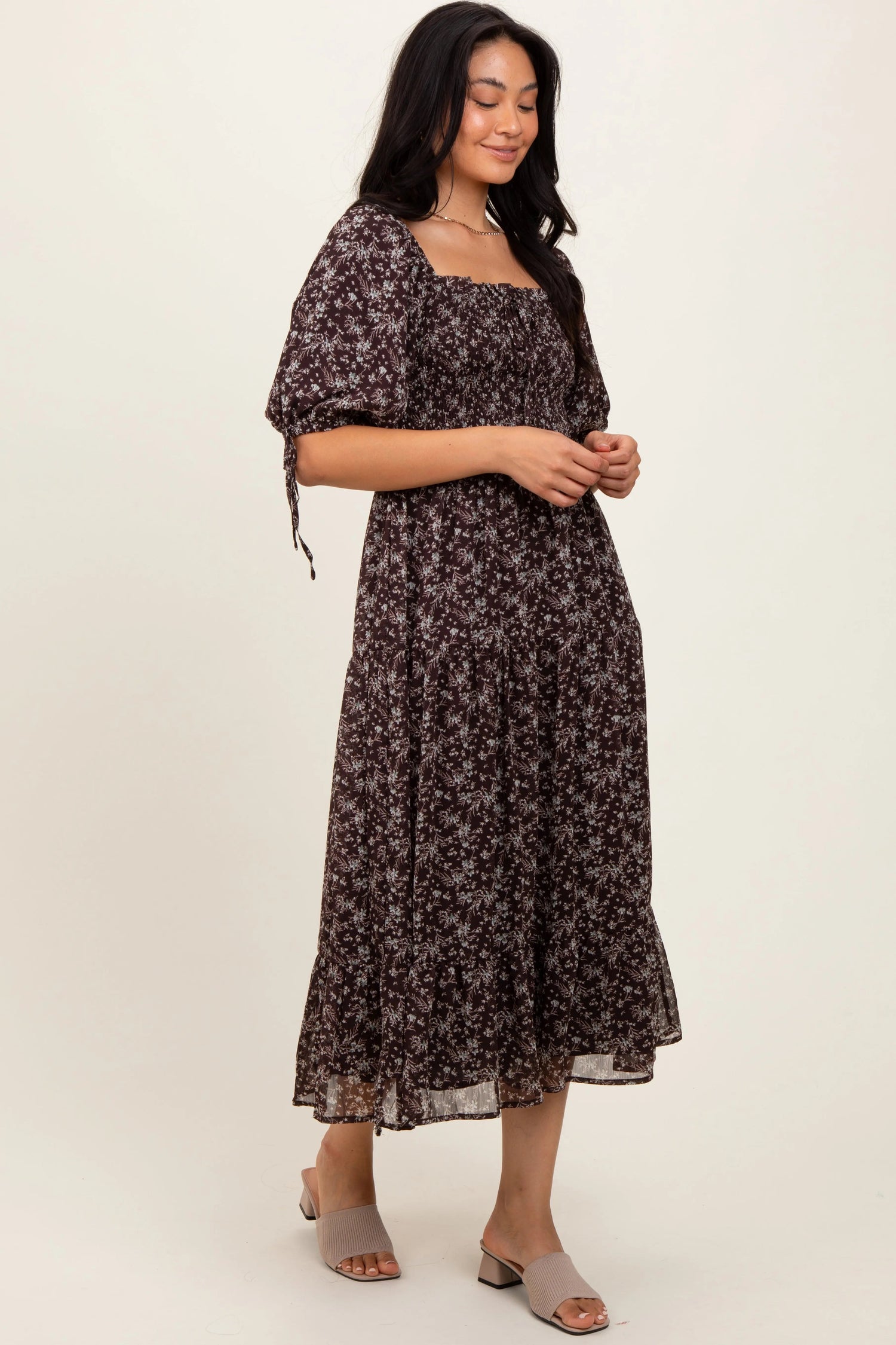 PinkBlush Dark Brown Floral Smocked Sleeve Tie Midi Dress - 