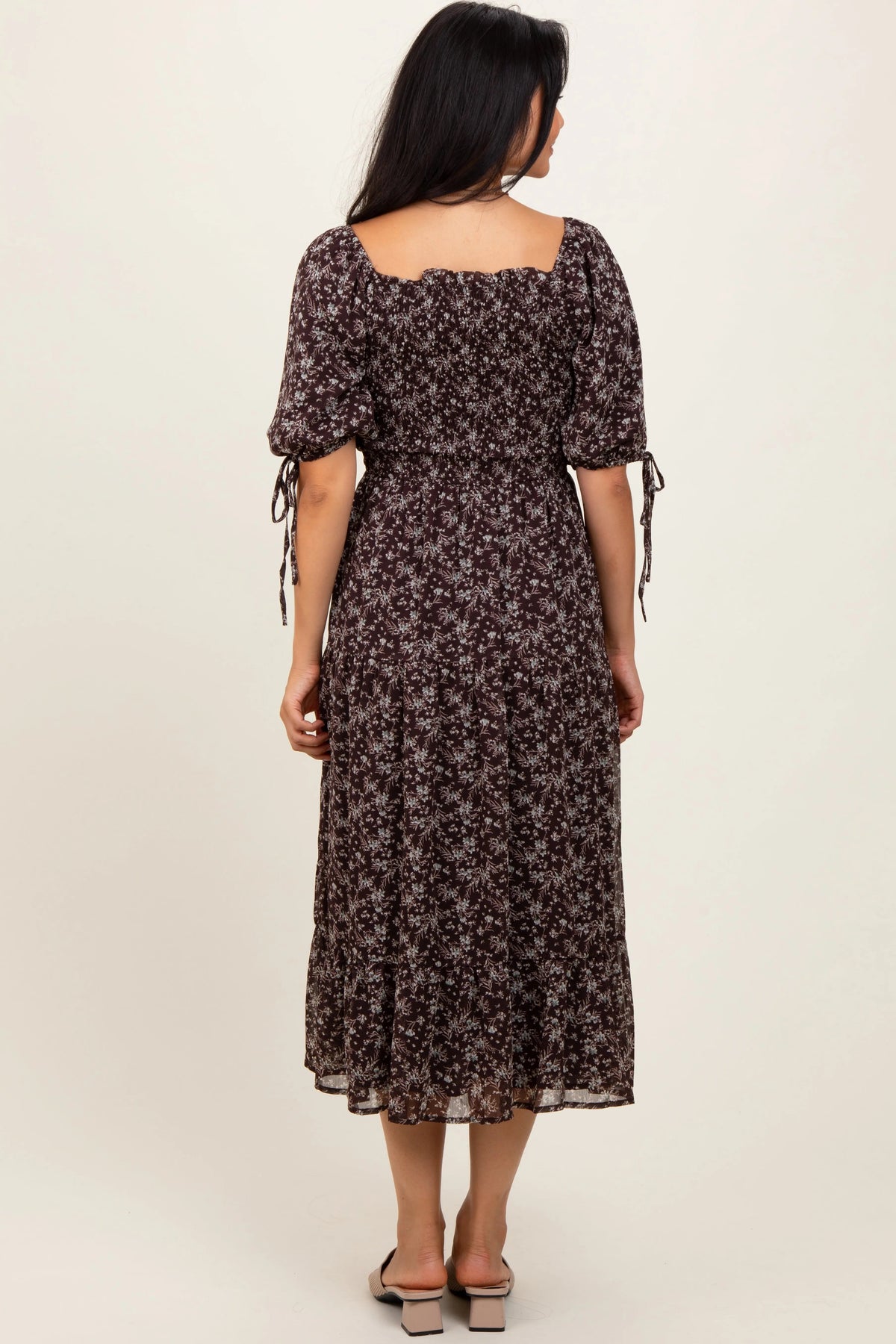 PinkBlush Dark Brown Floral Smocked Sleeve Tie Midi Dress - 