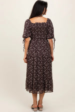 PinkBlush Dark Brown Floral Smocked Sleeve Tie Midi Dress - 