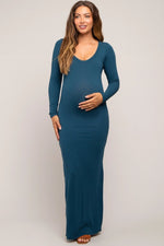 PinkBlush Dark Teal Maternity Maxi Dress with Long Sleeves for Expecting Mothers - 