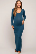 PinkBlush Dark Teal Maternity Maxi Dress with Long Sleeves for Expecting Mothers - 