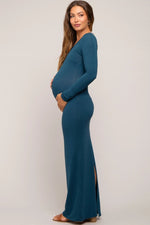 PinkBlush Dark Teal Maternity Maxi Dress with Long Sleeves for Expecting Mothers - 