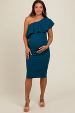 PinkBlush Dark Teal Ruffle One - Shoulder Maternity Midi DressEveretts Place