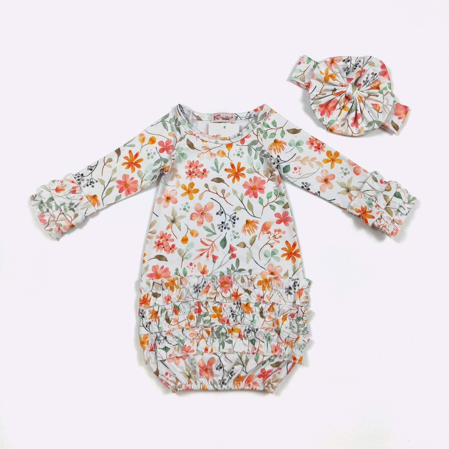 Clover Cottage newborn bamboo blend baby gown with matching headband.