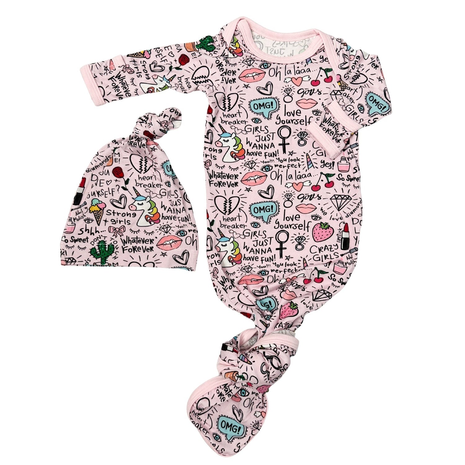 Baby gown with fold-over mittens and matching hat in a pink and white diary print.