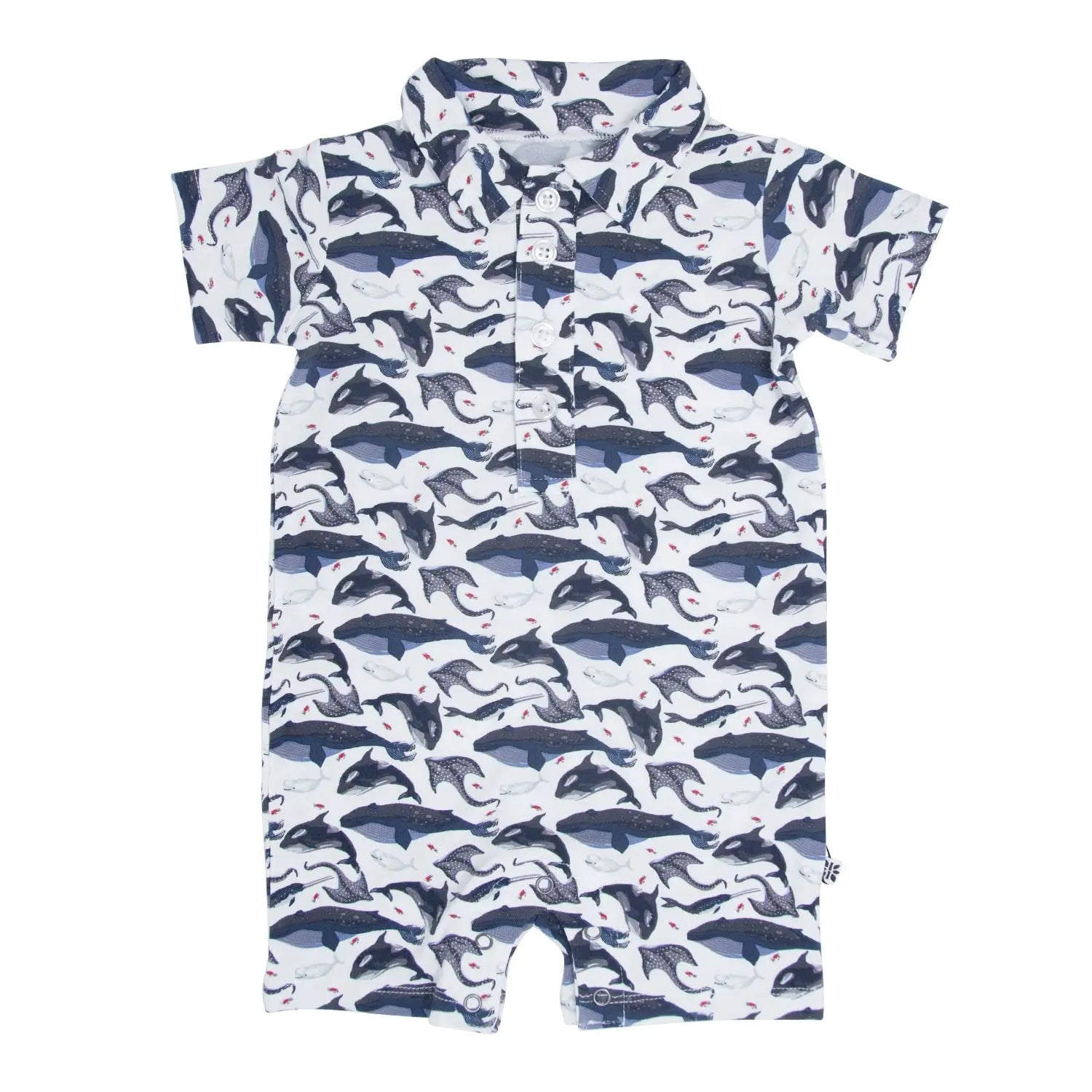 Deep Sea Creatures Whale Polo Romper for Boys Short Sleeves Snap Closure Sweet Bamboo