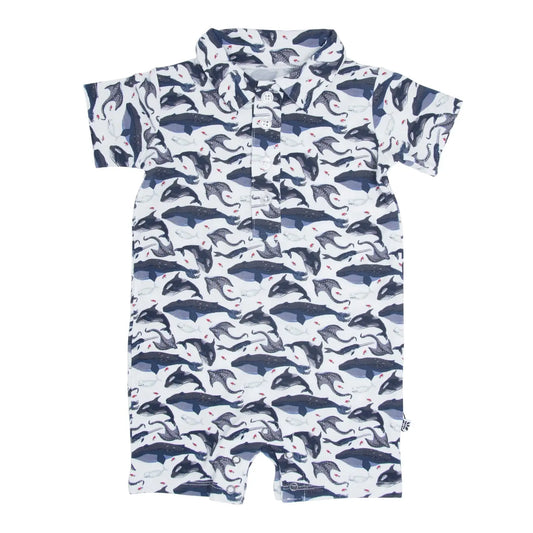Deep Sea Creatures Whale Polo Romper for Boys Short Sleeves Snap Closure Sweet Bamboo