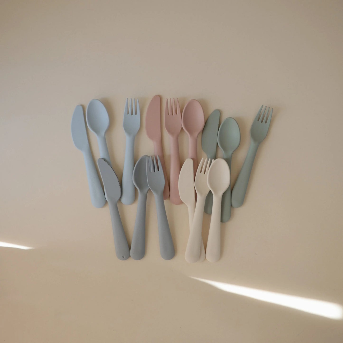 Kids Dinnerware Cutlery Set BPA Free Plastic Fork Spoon Knife Dishwasher Safe Made in Denmark Mushie