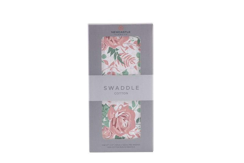 Desert Rose Swaddle in packaging, 100% natural cotton muslin, floral design.