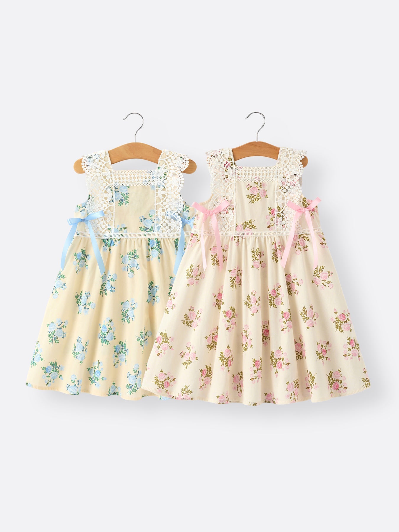 Lace-trimmed Bow Girls' Dress-Pink/Blue by Rylee Faith Designs at Everetts Place