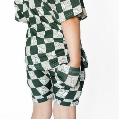Harem shorts in a dino checks print with elastic drawstring waistband and side pockets