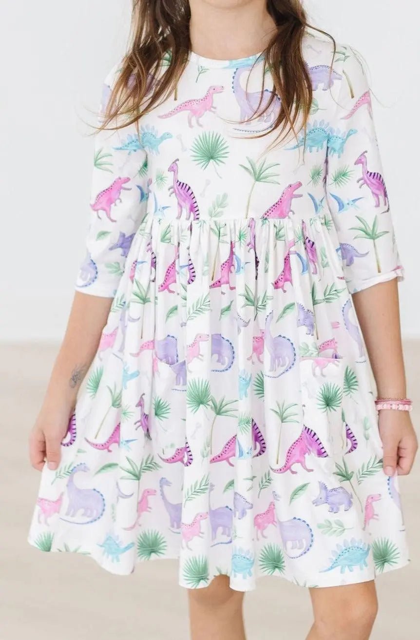 Mila & Rose ® Dino Darling 3/4 Sleeve Pocket Twirl Dress - 