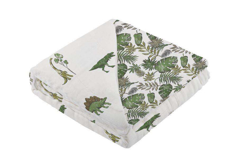 Dino Days and Jurassic Forest Blanket with dinosaur patterns, 100% cotton muslin, 47"x47".