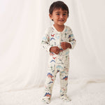 Baby footie pajamas with dinosaur print, full-length zipper, and covered feet