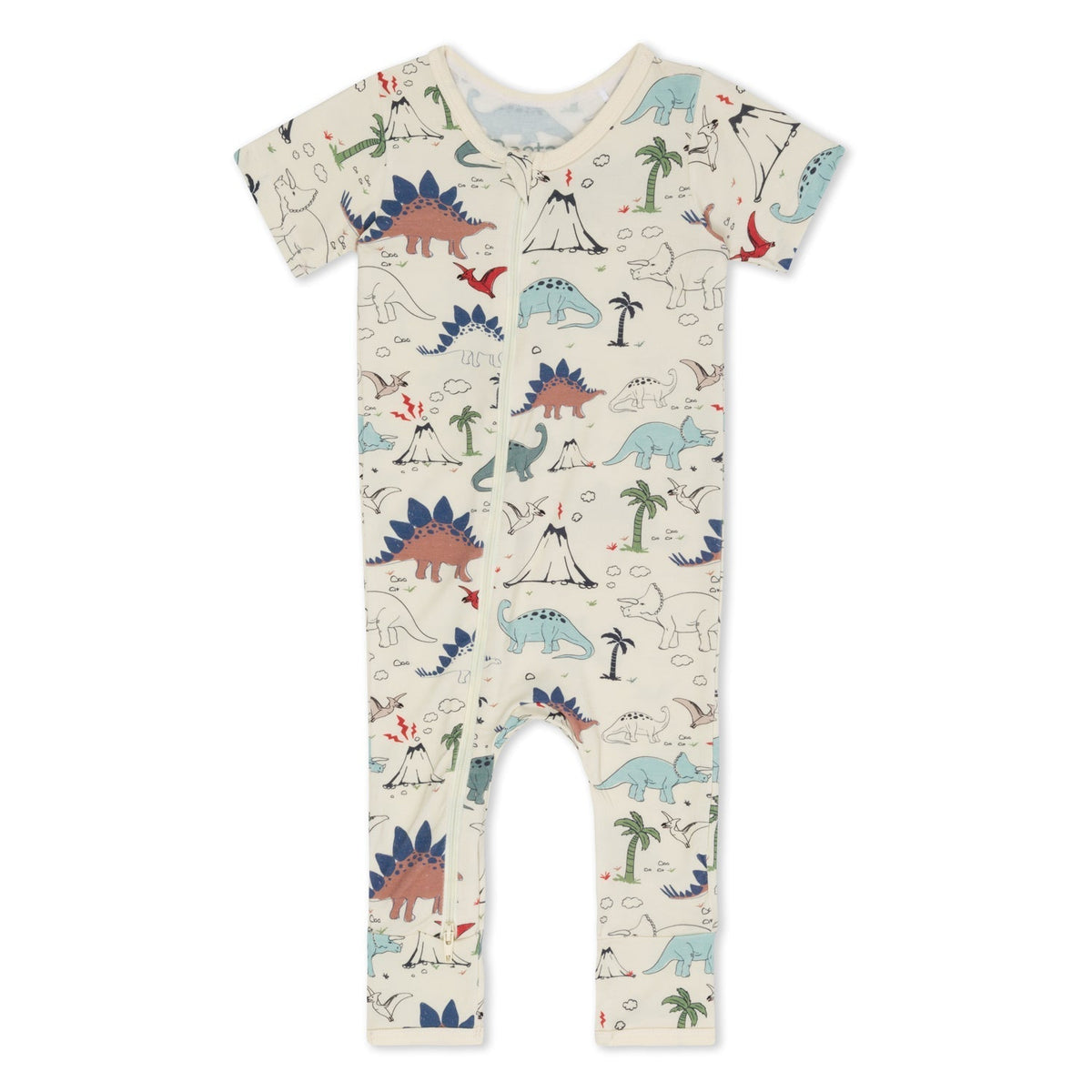 Short-sleeve baby romper with a dinosaur print and dual front zippers