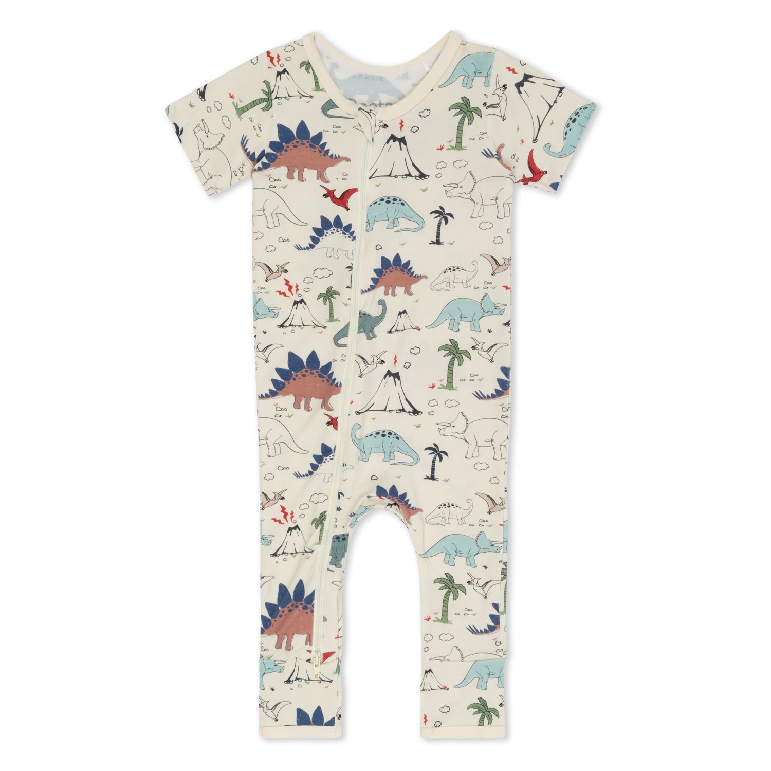 Short-sleeve baby romper with a dinosaur print and dual front zippers