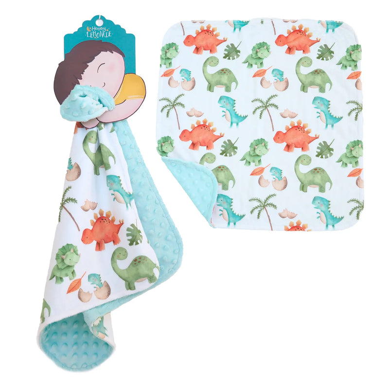 Mini Minky - Dino toddler blanket with dinosaur print and blue Minky dot texture, 18x18 inches.