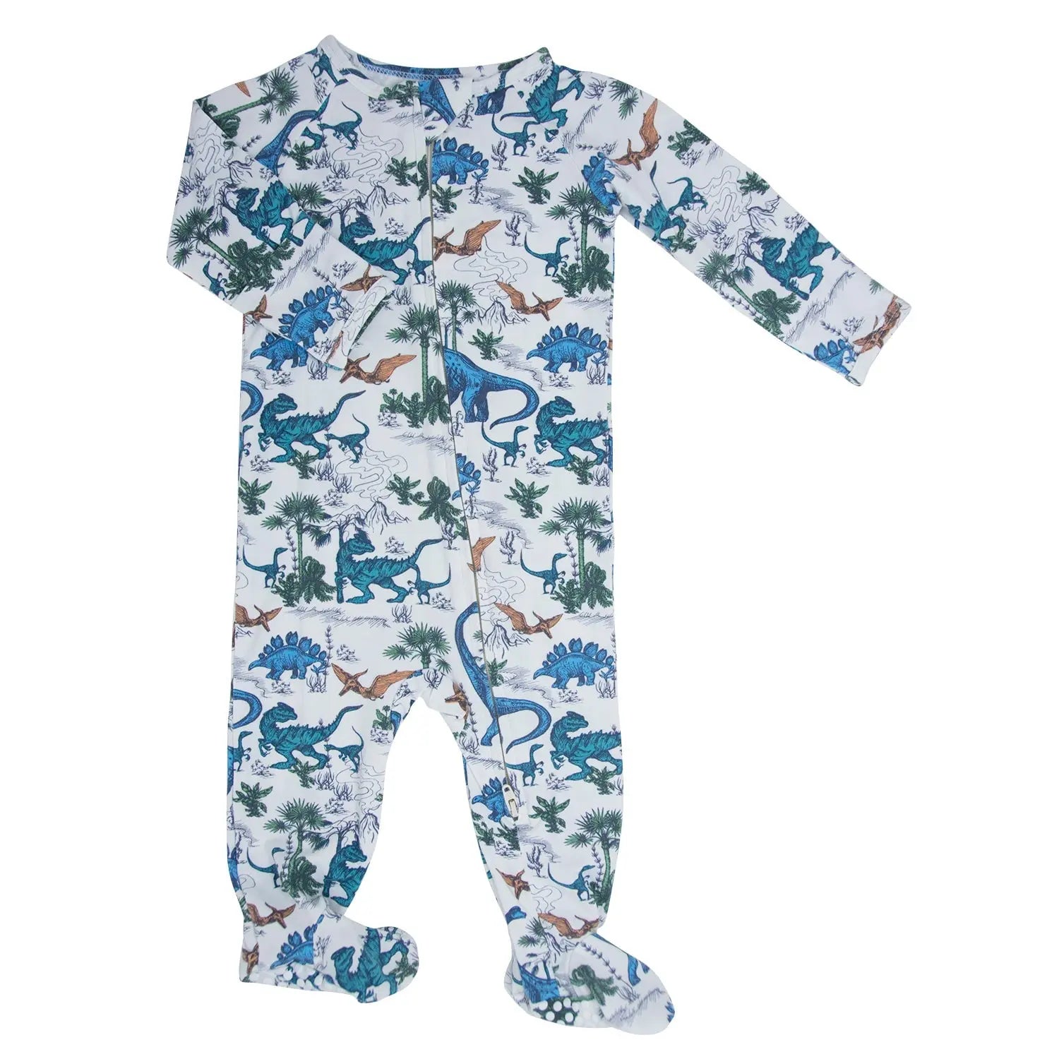 Dinosaur Adventures Zipper Footie with 2 Way Zip and Fold Over Cuffs Sweet Bamboo