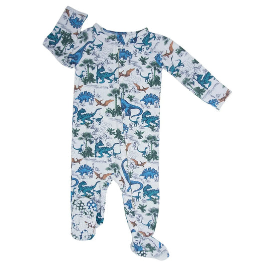 Dinosaur Adventures Zipper Footie with 2 Way Zip and Fold Over Cuffs Sweet Bamboo