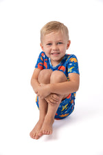 Electric Blue Space Dino Bamboo Short Pajama Set by Rayn’s Tiny Stitches