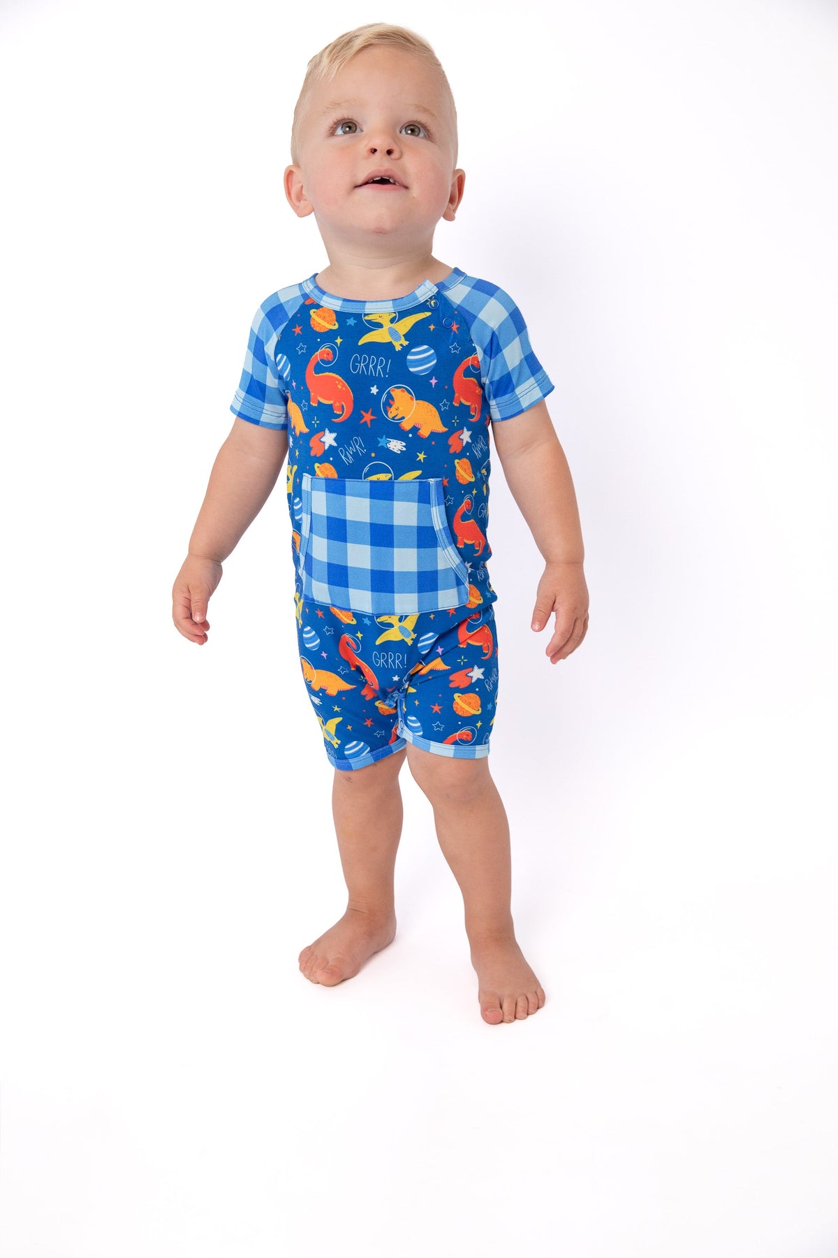 Space Dinosaur Bamboo Short Romper | Electric Blue by Rayn’s Tiny Stitches