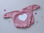 Little Joy Co. Distressed Heart Sweatshirt Romper With Snap Crotch - Everetts Place Boutique - 