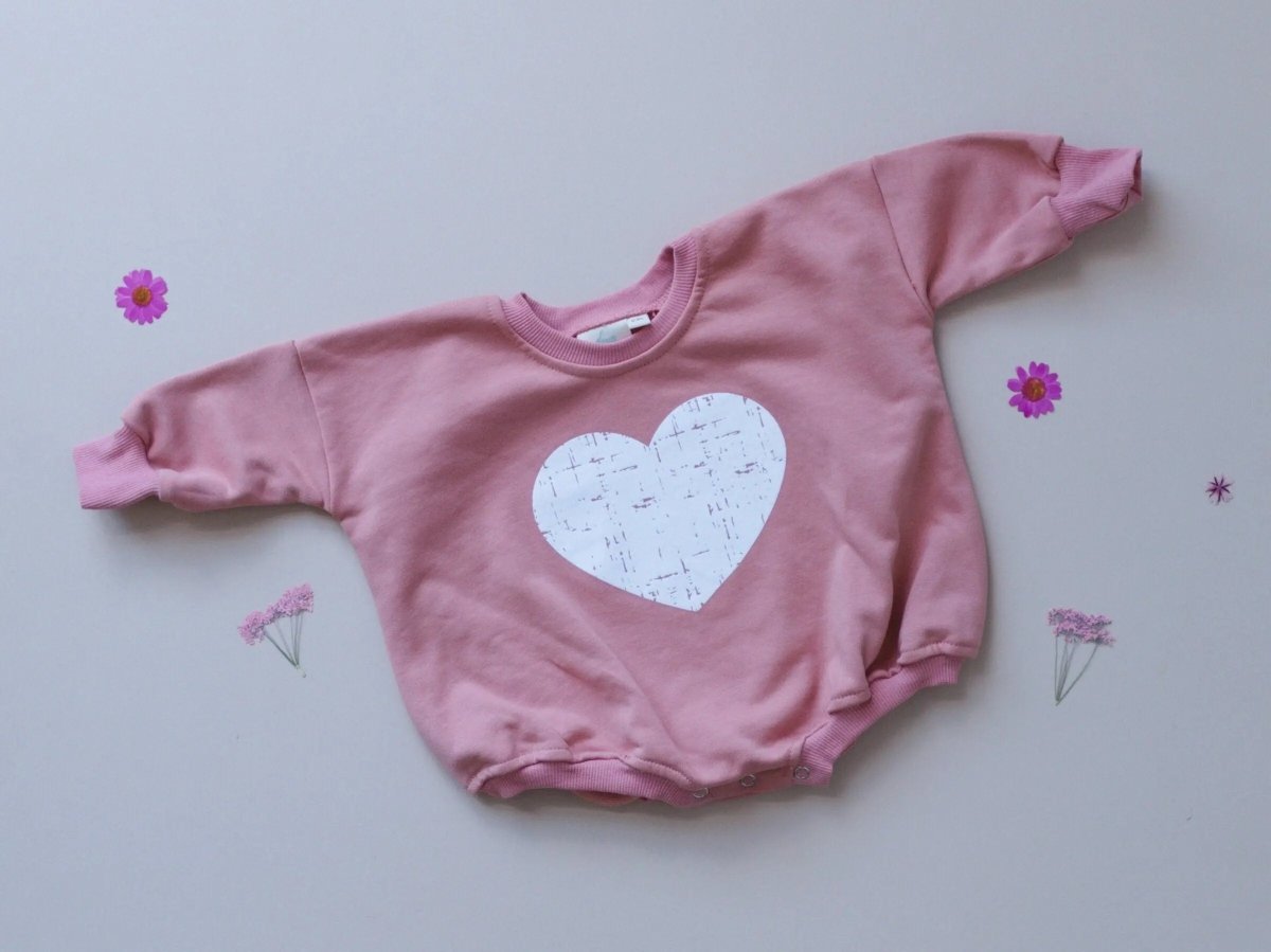 Little Joy Co. Distressed Heart Sweatshirt Romper With Snap Crotch - Everetts Place Boutique - 