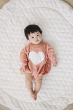 Little Joy Co. Distressed Heart Sweatshirt Romper With Snap Crotch - Everetts Place Boutique - 