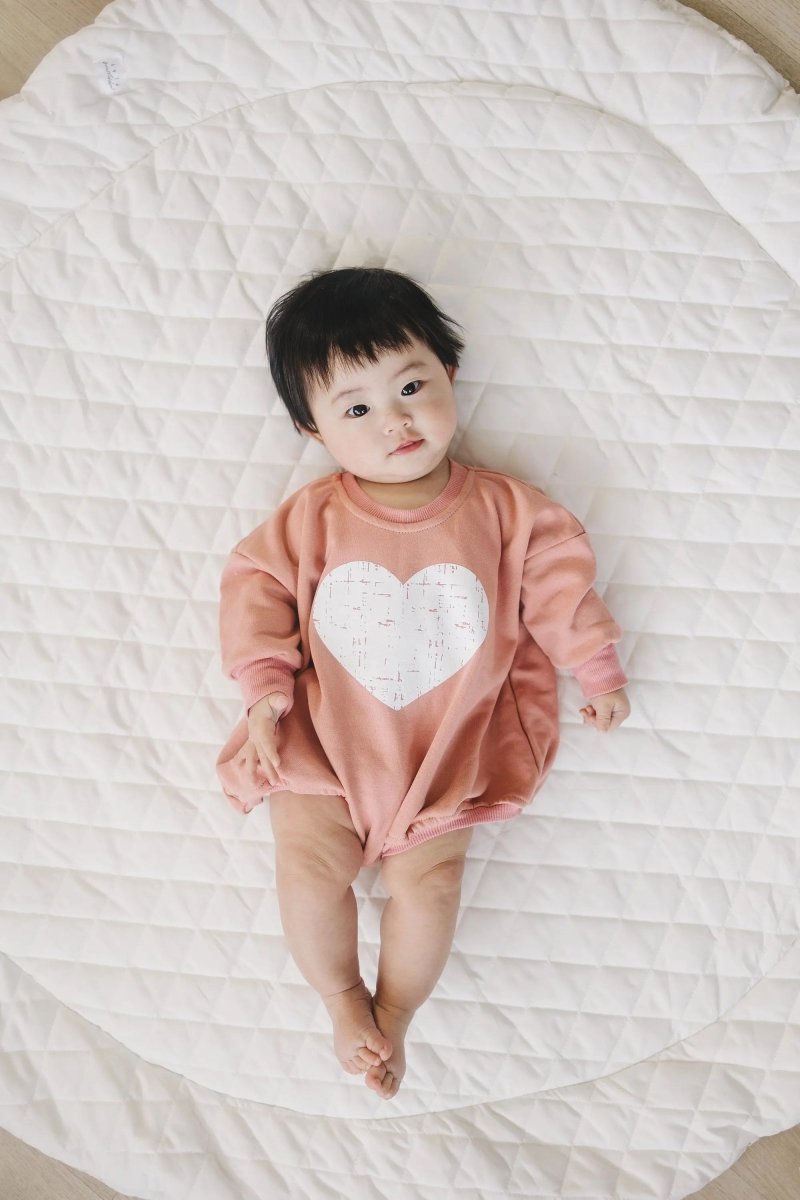 Little Joy Co. Distressed Heart Sweatshirt Romper With Snap Crotch - Everetts Place Boutique - 
