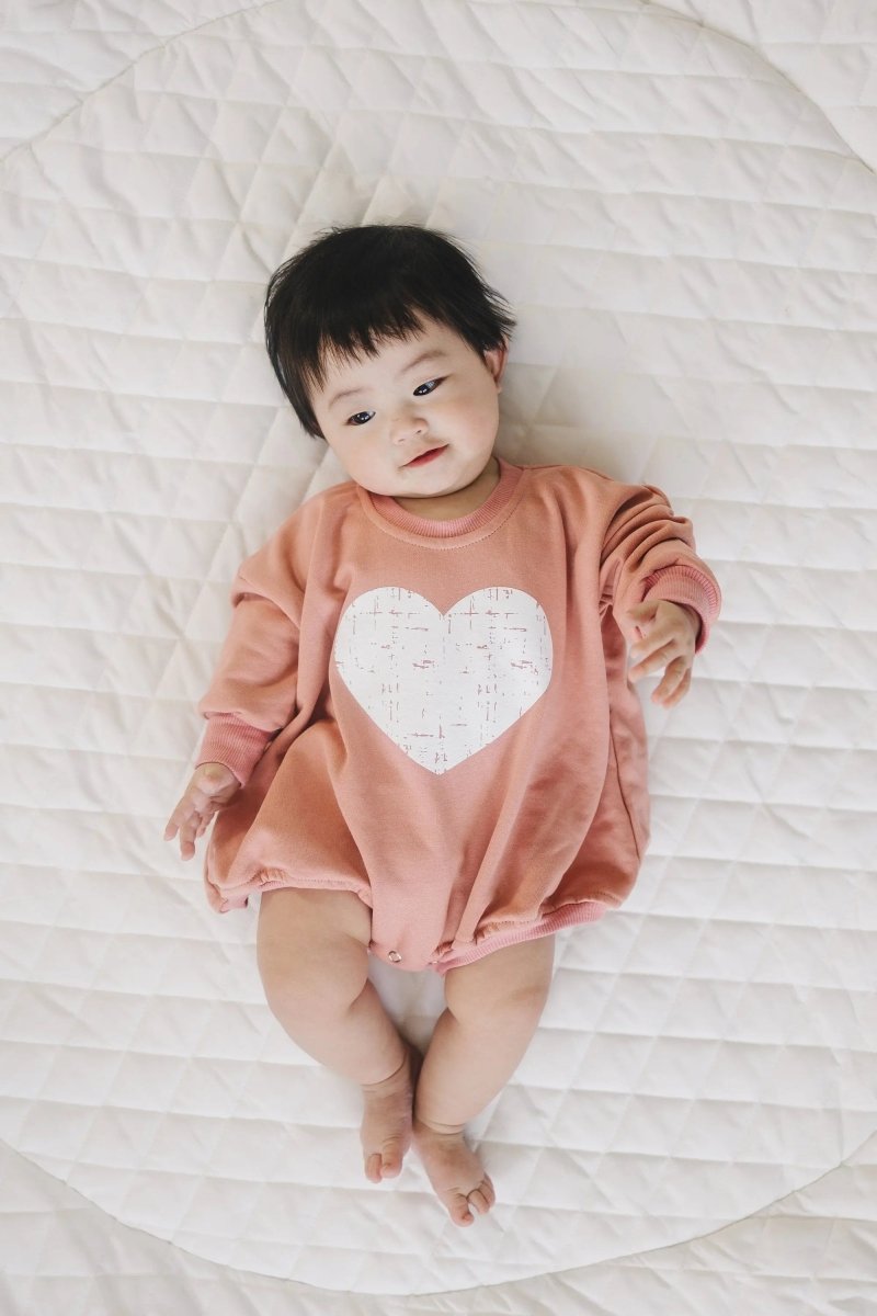 Little Joy Co. Distressed Heart Sweatshirt Romper With Snap Crotch - Everetts Place Boutique - 
