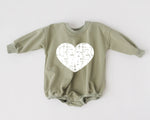 Little Joy Co. Distressed Heart Sweatshirt Romper With Snap Crotch - Everetts Place Boutique - 