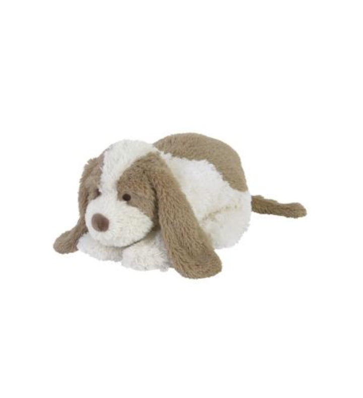 Soft plush dog toy with floppy ears and a friendly stitched face, sitting upright.