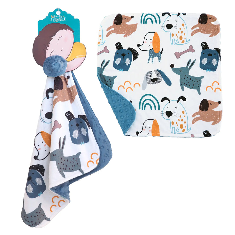 Mini Minky blanket for toddlers with playful dog print and textured backside for sensory stimulation.