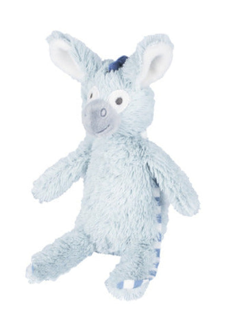 Soft plush donkey toy with a gentle face and long ears, standing upright as a cuddly stuffed animal for children.