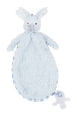Plush donkey cuddle cloth with a soft flat body and small stuffed donkey head, made for babies to hold.