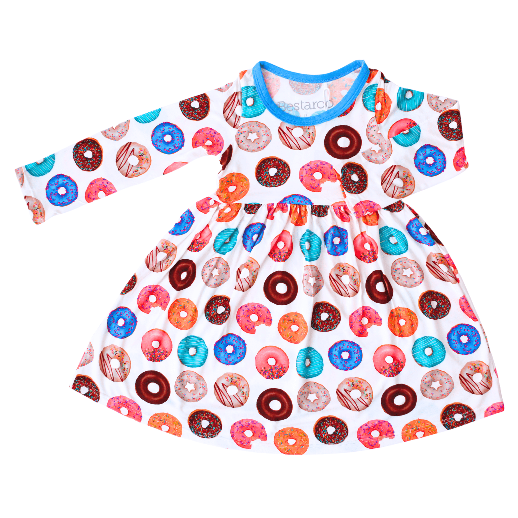 Long sleeve baby twirl dress with a pink donut print and full twirl skirt