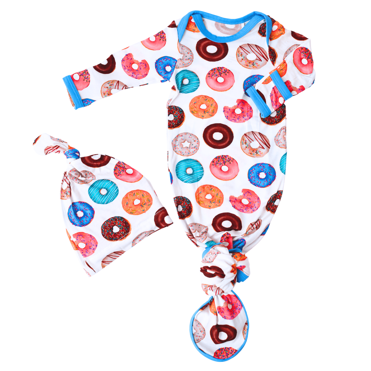 Pink and white donut-print baby gown with knotted bottom and matching hat with fold-over mittens