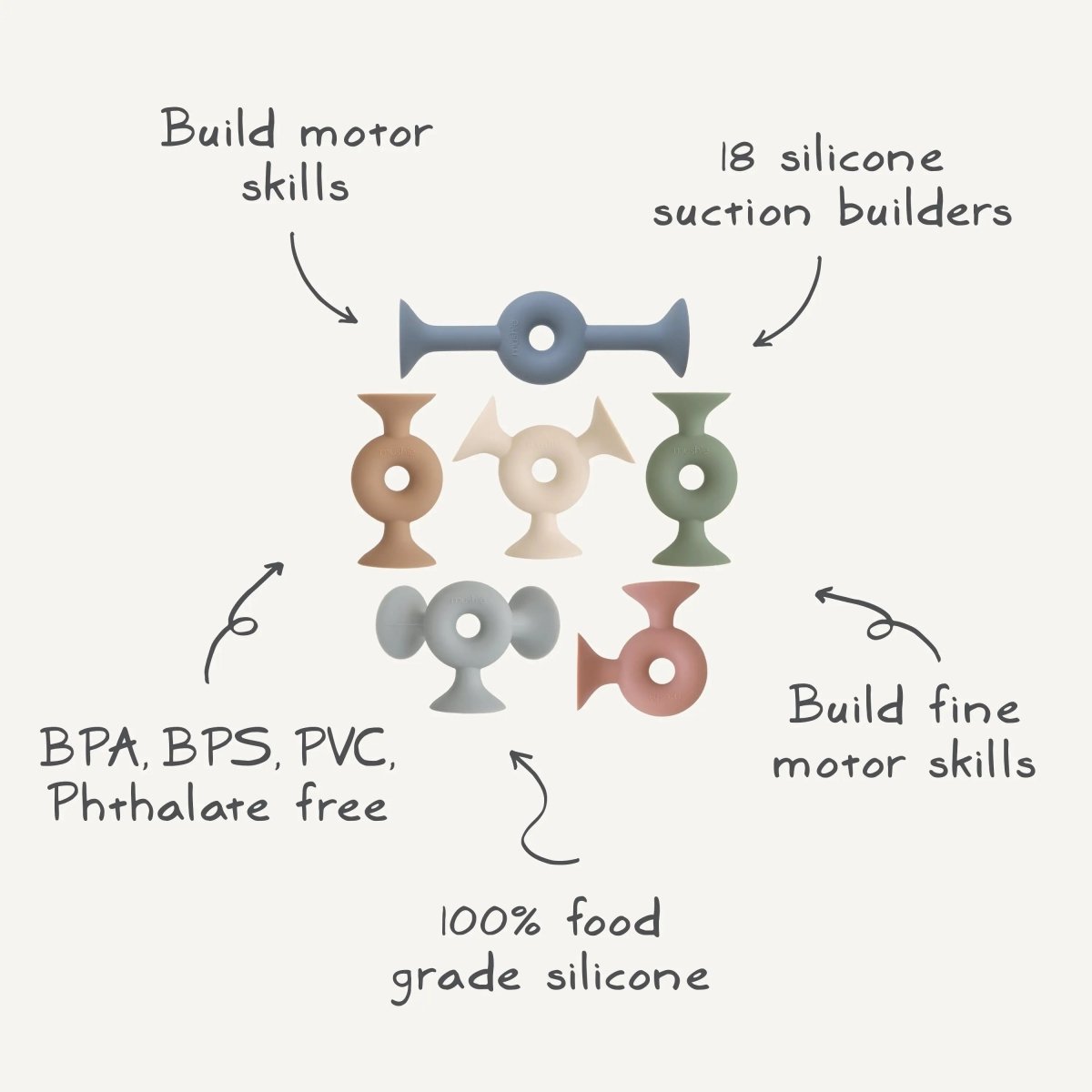 Mushie Donut Silicone Suction Builder Toys Set of 18 Non-Toxic Flexible Creativity Stacking Playtime Bath Time -