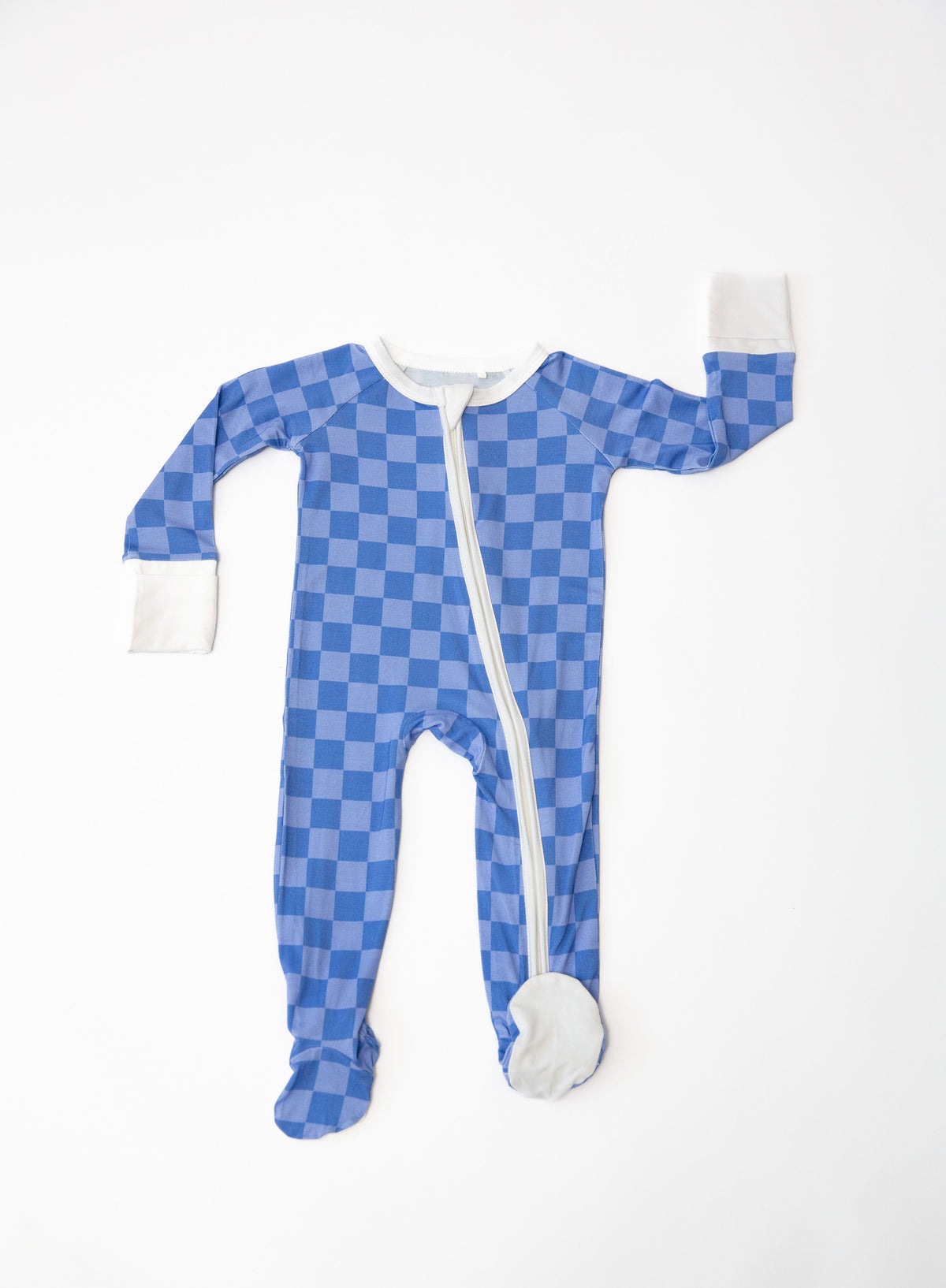 Blue Checkered Bamboo Baby Onesie | Double Zip Sleeper with Foldover Mittens & Footies by Rayn’s Tiny Stitches